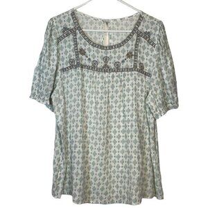 Flower & Feather Bohemian White Sage Print Embroidered Crinkle Blouse #0962-AZ